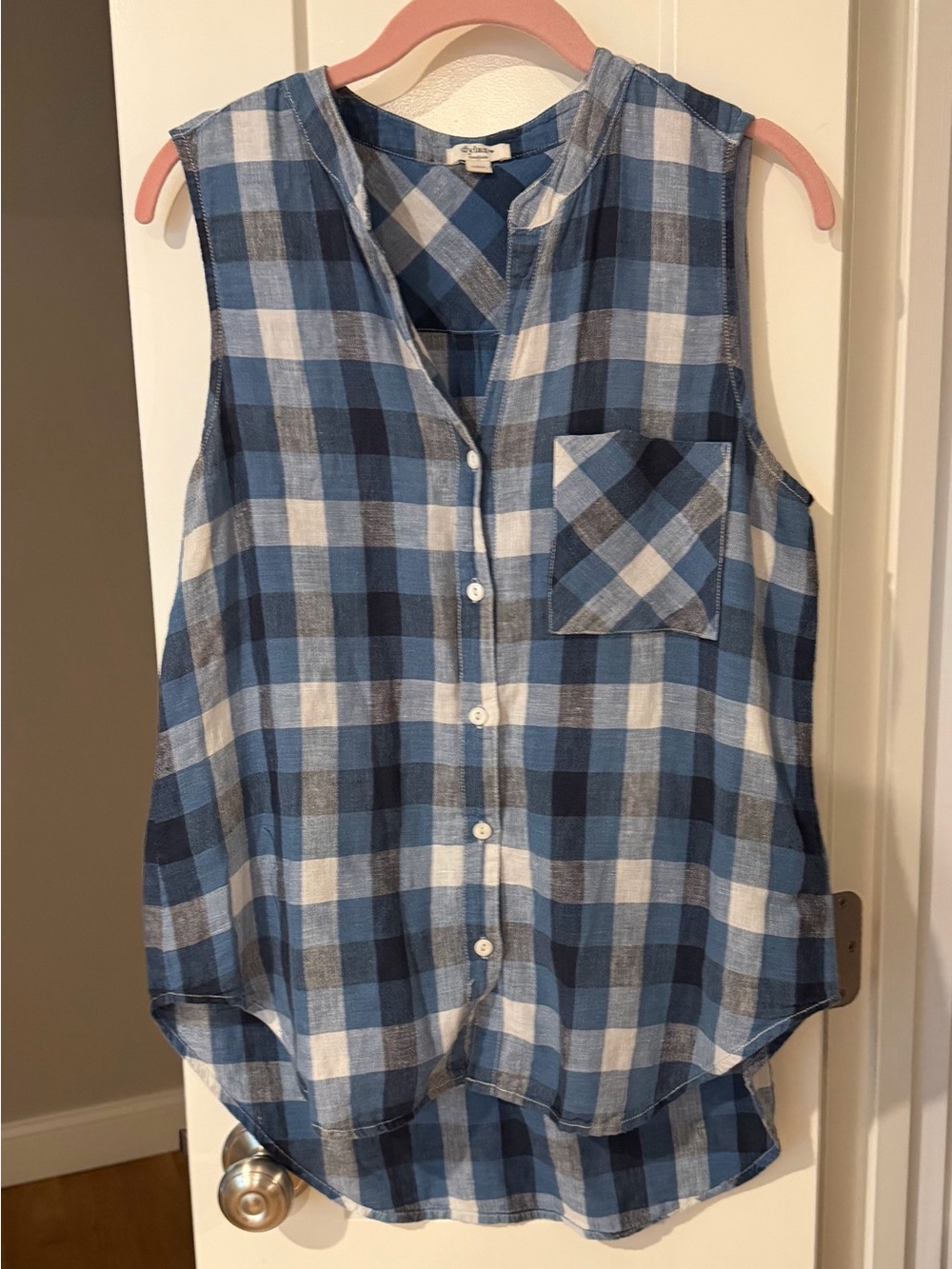 dylan Blue and White Plaid Sleeveless Button-Up Tank
